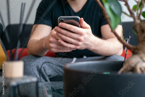 ソファーに座り携帯電話を見ながらくつろぐ男性の手元とインテリア © photok