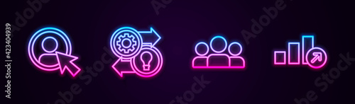 Set line Create account screen, Human resources, Users group and Financial growth. Glowing neon icon. Vector