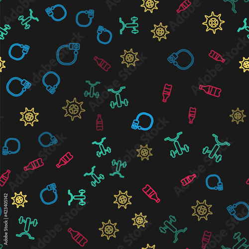 Set line Bicycle lock, for kids, sprocket crank and Sport bottle with water on seamless pattern. Vector