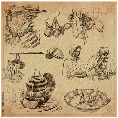 Coffee harvesting and processing. Agriculture. An hand drawn vector illustration.