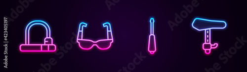 Set line Bicycle lock, Sport cycling sunglasses, Screwdriver and seat. Glowing neon icon. Vector