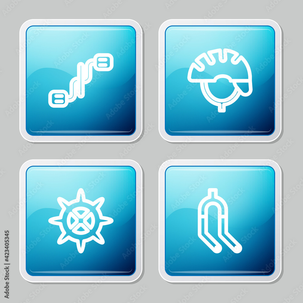 Set line Bicycle pedals, helmet, sprocket crank and fork icon. Vector