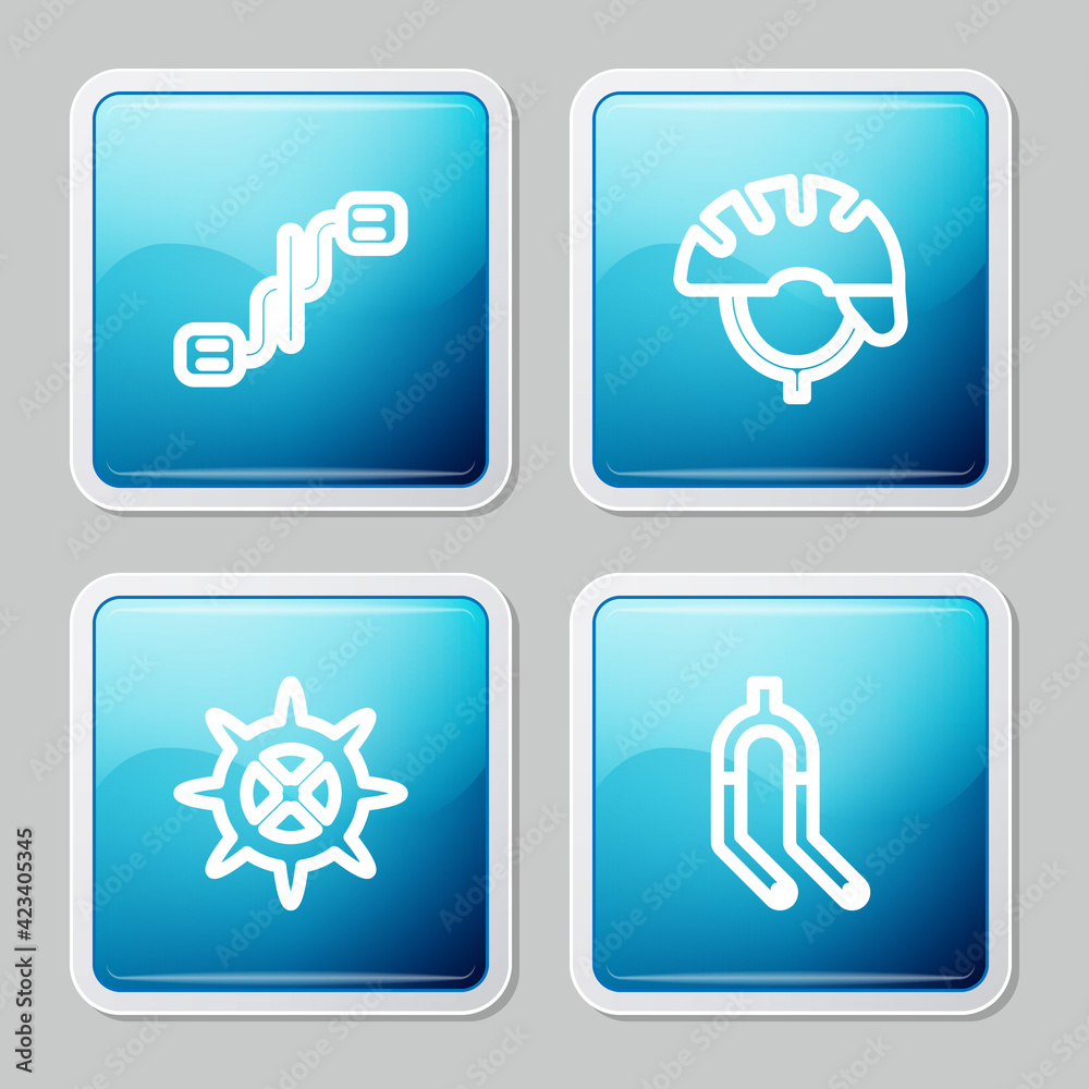 Set line Bicycle pedals, helmet, sprocket crank and fork icon. Vector Set line Bicycle pedals, helmet, sprocket crank and fork icon. Vector