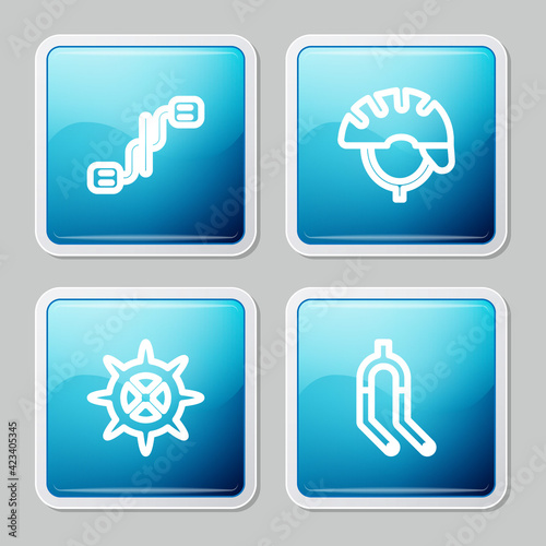Set line Bicycle pedals, helmet, sprocket crank and fork icon. Vector