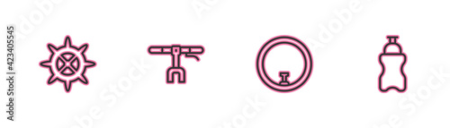 Set line Bicycle sprocket crank, wheel, handlebar and Sport bottle with water icon. Vector