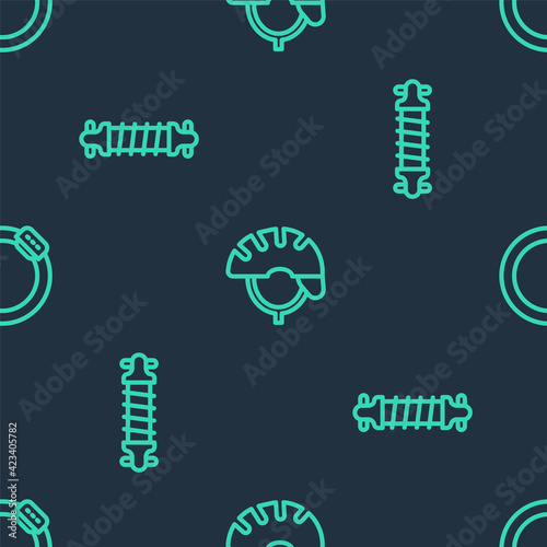 Set line Bicycle helmet, suspension and brake disc on seamless pattern. Vector