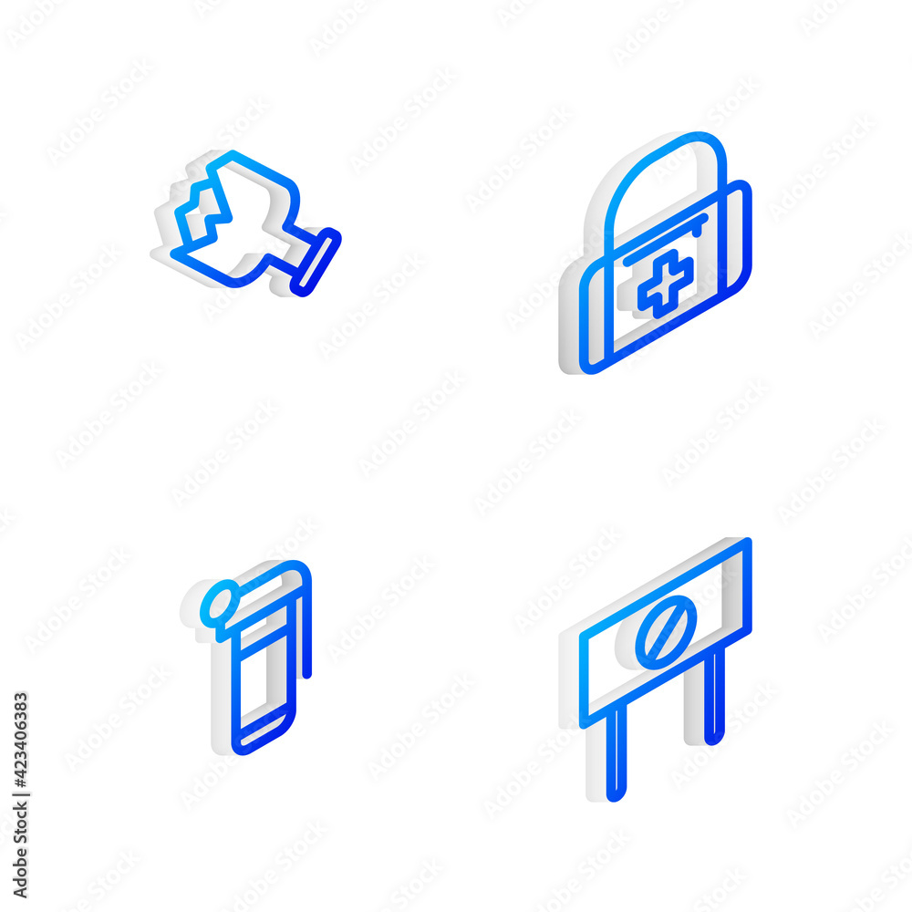 Set Isometric line First aid kit, Broken bottle as weapon, Hand grenade and Protest icon. Vector Set Isometric line First aid kit, Broken bottle as weapon, Hand grenade and Protest icon. Vector