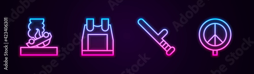 Set line Burning car, Bulletproof vest, Police rubber baton and Peace. Glowing neon icon. Vector