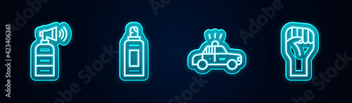 Set line Air horn, Paint spray can, Police car and flasher and Raised hand with clenched fist. Glowing neon icon. Vector