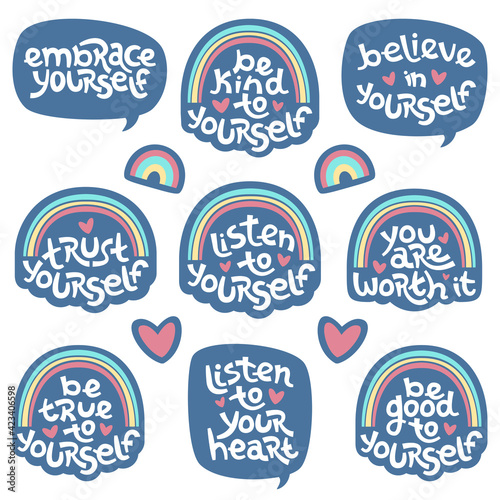 Set of positive thinking quotes promoting self worth and self care