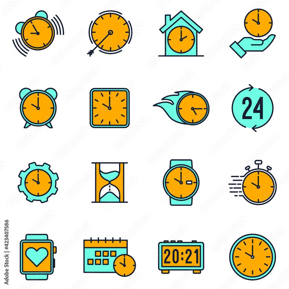 Set of Time and clock icon. Time and clock pack symbol template for graphic and web design collection logo vector illustration Set of Time and clock icon. Time and clock pack symbol template for graphic and web design collection logo vector illustration