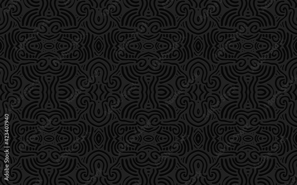 Geometric 3D convex volumetric abstraction. Ethnic black background in the style of handmade peoples of Africa, Mexico for presentations, wallpaper. Relief texture.