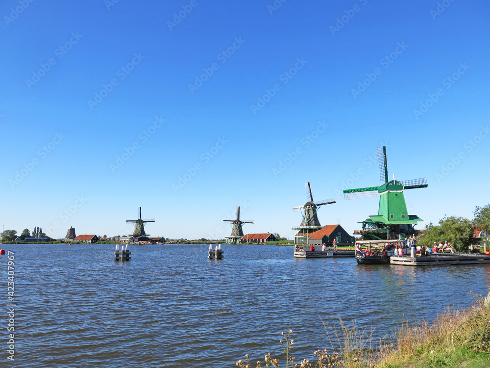 Windmills on the canal, Zaanse Schans, Zaandam, The Netherlands