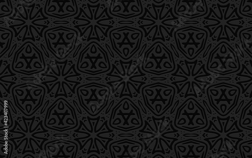 Geometric 3D convex volumetric abstraction. Black background in the style of hand made from simple patterns for presentations, wallpaper. Ethnic relief texture of the peoples of Mexico, Africa, Aztec.
