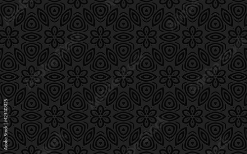 Geometric 3D convex volumetric abstraction. Ethnic graceful black background of flowers and polygons. Embossed texture.