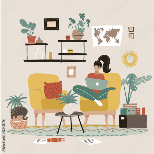 Female freelancer is sitting in armchair with laptop at home. Remote work concept. Interior of room with furniture, shelf, picture in frame, houseplants. Employee working on task at home. Flat vector