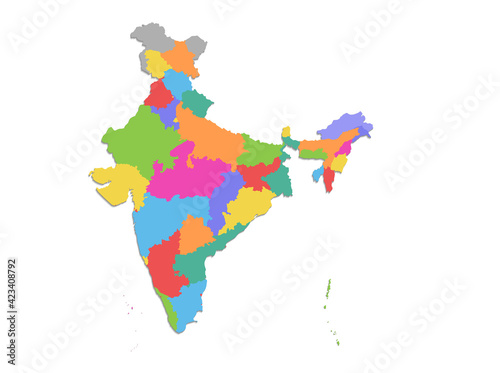 India map, administrative division, separate individual regions, new map of division year 2020, color map isolated on white background blank