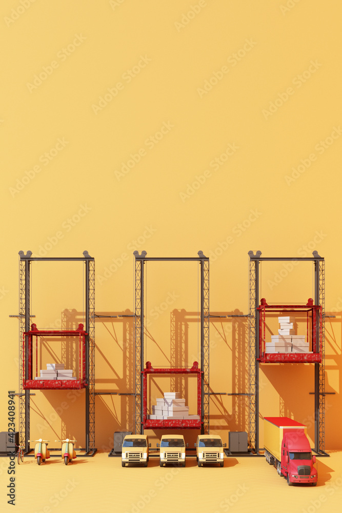 Shipping containers hanging from a crane with trailer and scooter bike and van. 3d global business commerce concept. 3D Rendering Shipping containers hanging from a crane with trailer and scooter bike and van. 3d global business commerce concept. 3D Rendering