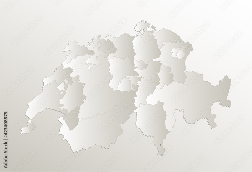 Switzerland map administrative division separates regions, card paper 3D natural blank