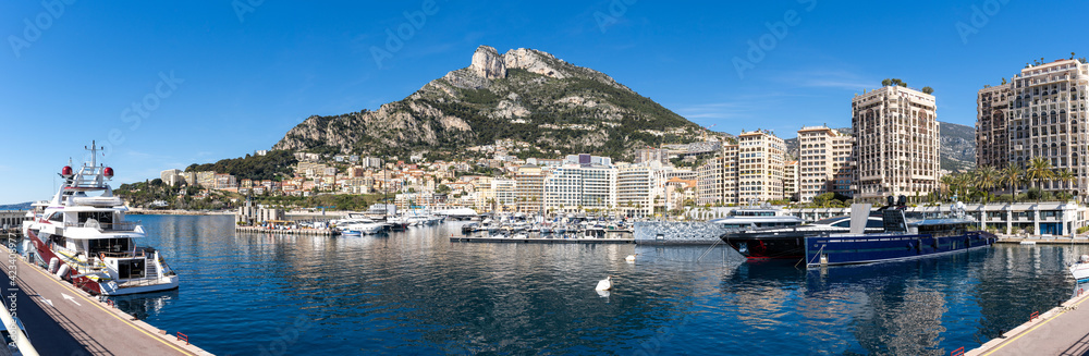 panorama view of the harbor of Cape d'Ail and hotels in the Fontvieille District of Monaco