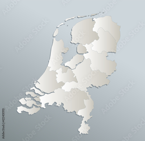 Netherlands map, administrative division, blue white card paper 3D blank