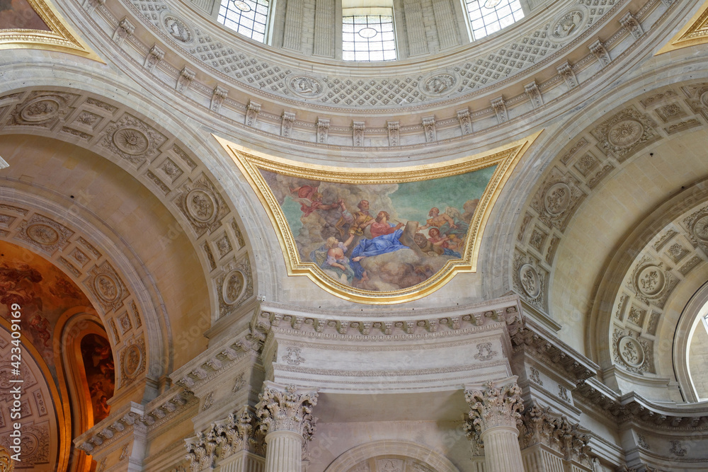   Internal painting of the Cathedral of St. Louis of the Invalides.Detail of the dome of the cathedral. Architect Jules Ardouin-Mansart
