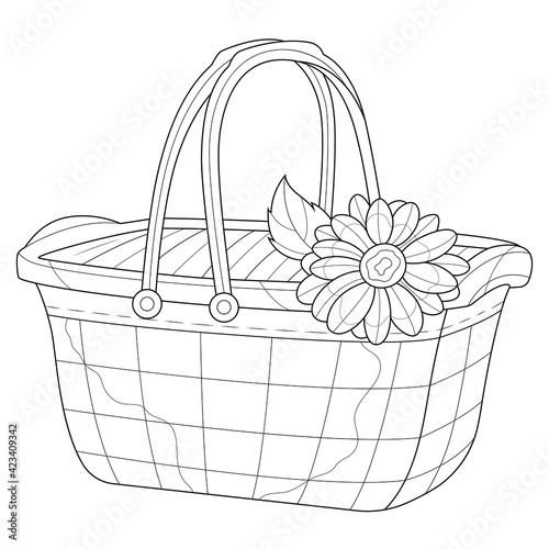 Picnic basket.Coloring book antistress for children and adults. Illustration isolated on white background.Zen-tangle style. Hand draw