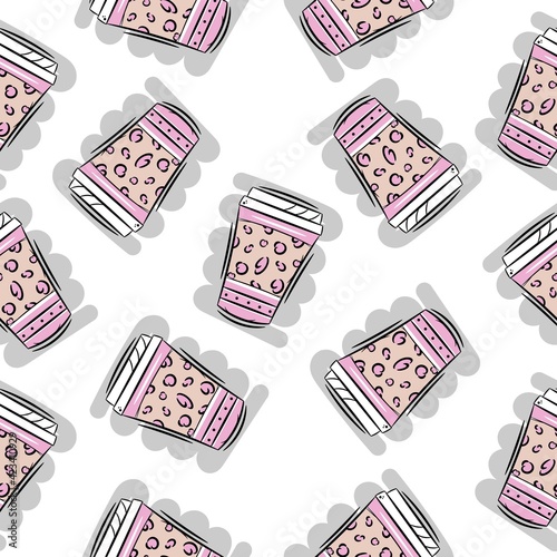 seamless pattern trendy coffee cup on white background