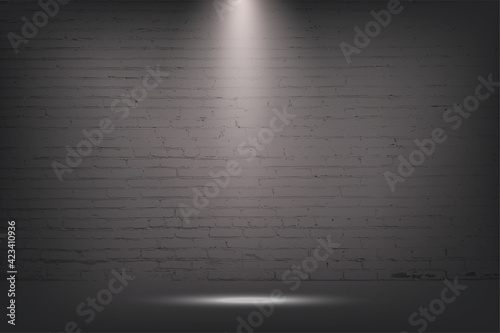 Grey brick wall with spotlight, stone background. Light from lamp on concrete texture vector illustration. Streetlight or stage for show in exhibition or museum wallpaper