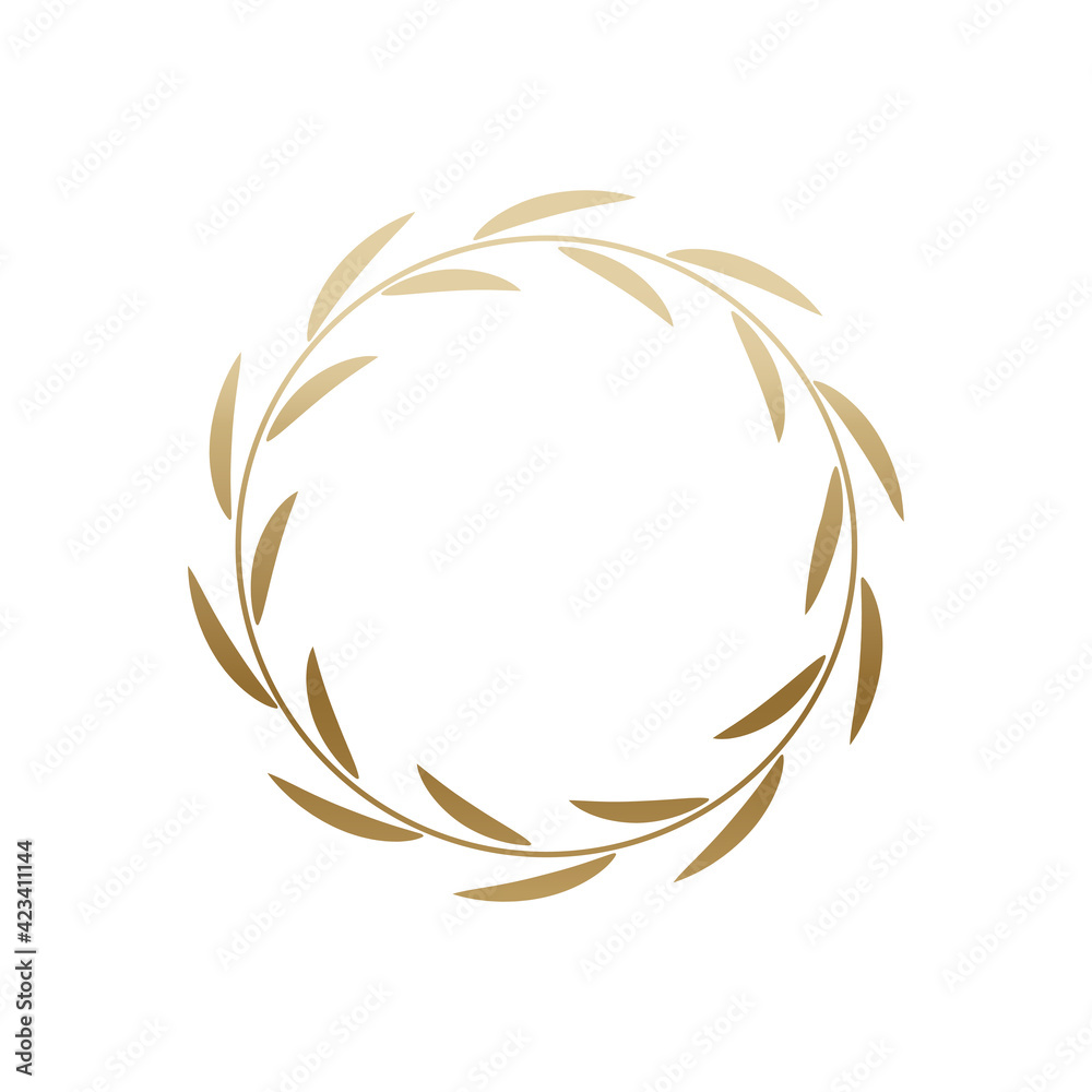 Golden laurel wreath round frame. Ring with gold leaves, circle award logo or emblem vector illustration. Roman circular badge for anniversary, wedding, award isolated on white background