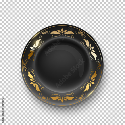 Black plate with golden floral pattern on border on transparent background. Empty dish for dinner, breakfast or lunch vector illustration. Clean dishware with decoration, above view