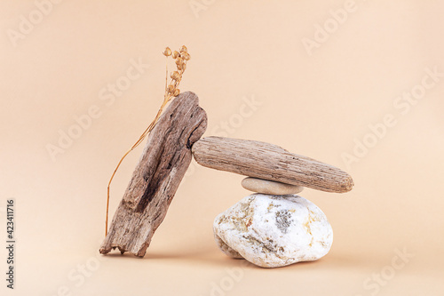 Balance and harmony. Natural composition of stones, driftwood and flax plant on neutral beige background. Copy space.