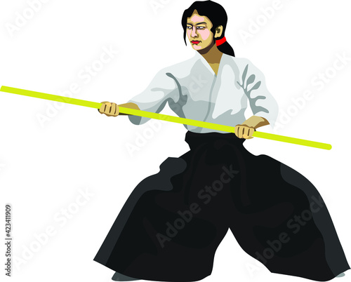 Aikido Stick Technique Japan Martial Art Vector Illustration