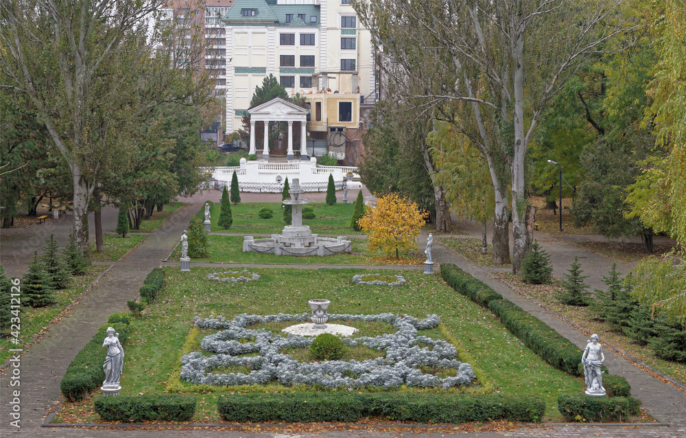  Flower beds with sculptures in Gorky Park in autumn