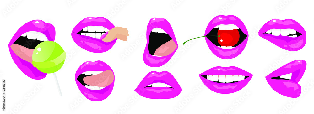 Beautiful sexy pink female lips and white teeth. Emotions, smile, tongue, candy, passion, cherry, berry, lipstick. Set of isolated vector illustrations Beautiful sexy pink female lips and white teeth. Emotions, smile, tongue, candy, passion, cherry, berry, lipstick. Set of isolated vector illustrations