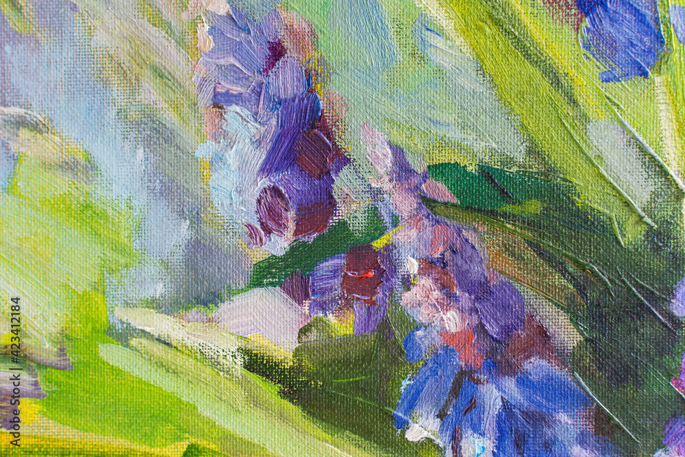 Abstract multicolored art background with oil paints. Modern hand-made design on canvas with a brush. Up-to-date picturesque spring background for websites. Delicate shades of blue, blue, purple, pink