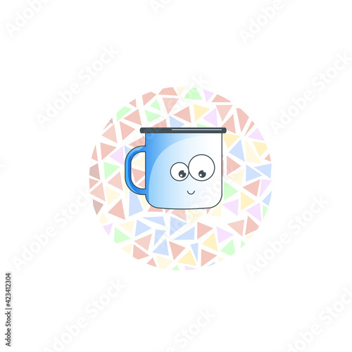 Cute enamel mug with a smile for tea or coffee. Vector flat design illustration.