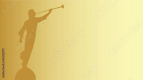 The angel Moroni blowing his horn appearing from a golden background and returning
 photo