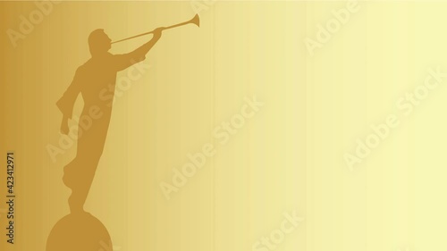 The angel Moroni blowing his horn appearing from a golden background and returning

