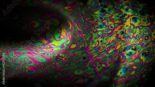 Colorful close-up surface of a soap bubble with abstract psychedelic background and patterns.
Vivid rainbow colors in weird and strange patterns. 