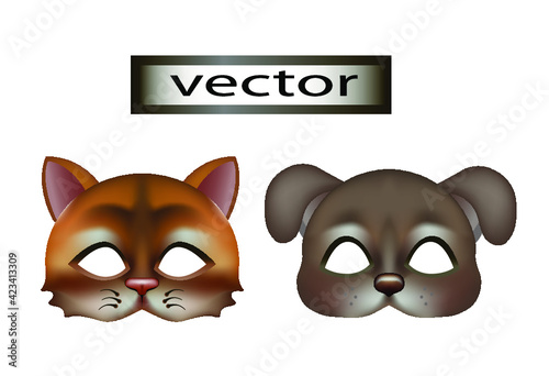 Realistic 3D vector illustration of a cartoon mask children_s festive clothing on the face to represent the game in the theatre the cat and the dog for carnival games
