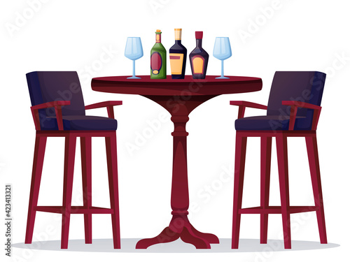 Alcohol shop or bar interior design elements. Wine store with table for tasting wine, rum beverages from bottles in glasses vector illustration. Furniture and drinks on white background