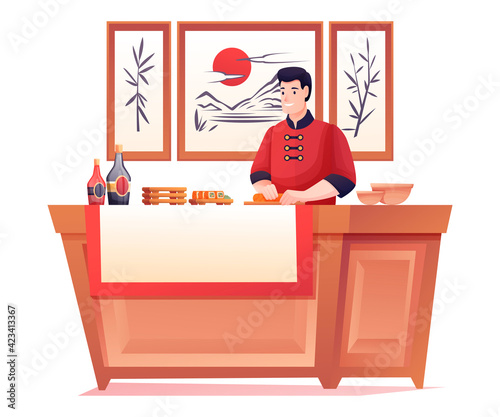 Chef cooking sushi in Japanese restaurant. Young man preparing food on counter in cafe. Asian traditional cuisine vector illustration. Modern interior design with paintings on wall