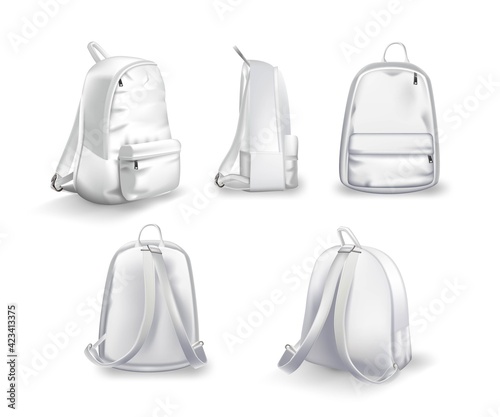 White backpack design front, side and back view set. College or school rucksack mockup vector illustration. Realistic youth pack of fabric for study or sport with shadows