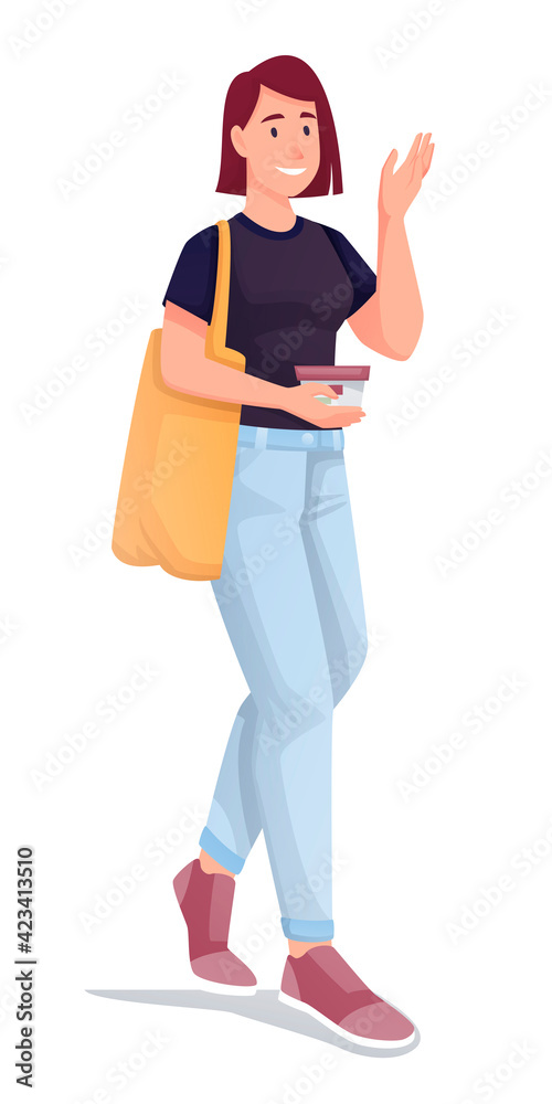 Woman shopping in eco cosmetics shop. Young girl with product in box, holding in hand, waving vector illustration. Happy customer with bag and gift isolated on white background Woman shopping in eco cosmetics shop. Young girl with product in box, holding in hand, waving vector illustration. Happy customer with bag and gift isolated on white background