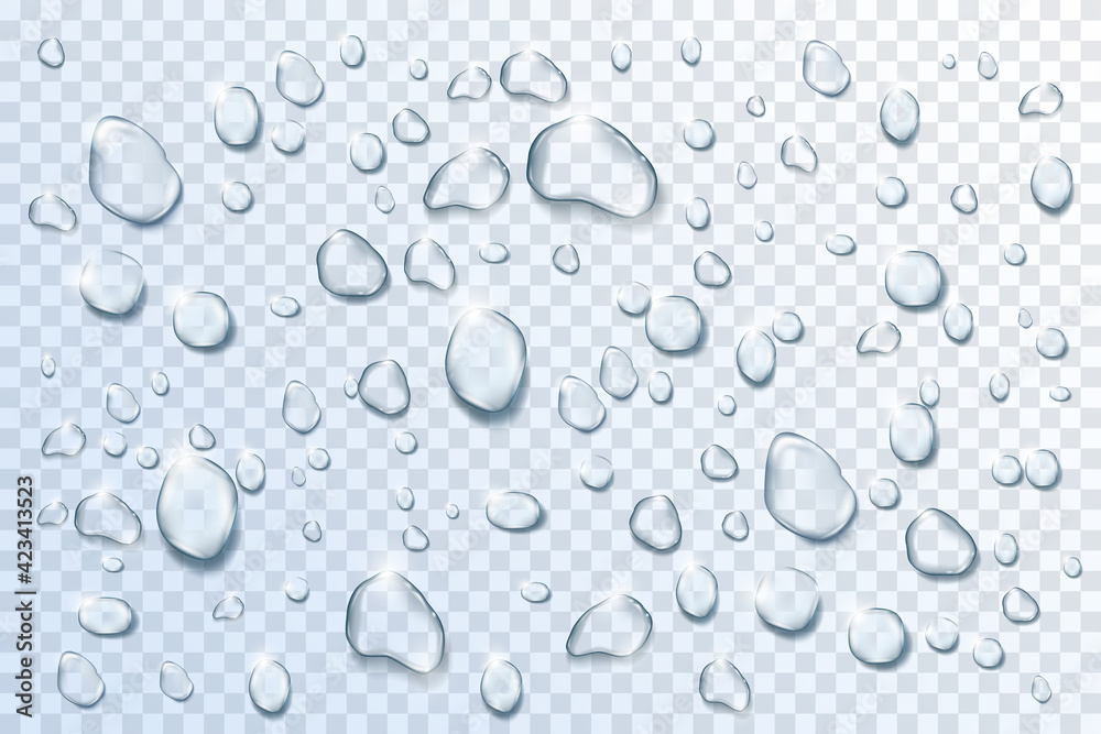 Water drops set on transparent background. Liquid droplets of rain and dew vector illustration. Wet clear aqua in light. Abstract pure fresh nature elements, realistic macro design - obrazy, fototapety, plakaty 
