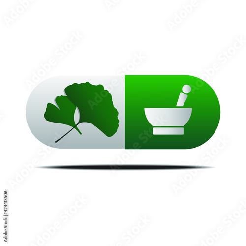Ginkgo biloba leaves medicine capsule, Alternative medicine green pills icons vector illustration