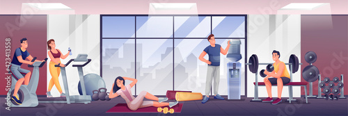 People exercising in fitness gym. Room with sport equipment for workouts vector illustration. Women and men training on treadmill, bike, lifting dumbbells, on mat. Healthy lifestyle