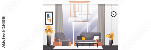 Hotel lobby area background. Room with desk, armchair, sofa with pillows, plants, picture and clock on wall vector illustration. Hall for guests interior design, horizontal panorama