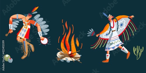 Wild west indian american woman and man dancing. Western native girl and guy in costume vector illustration. Young people performing ritual with music instruments by fire on dark background
